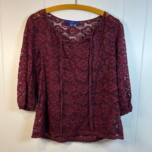 Women's Maroon Burgundy Crimson Sheer Lace Top Sz M Layer Y2K Boho Indie